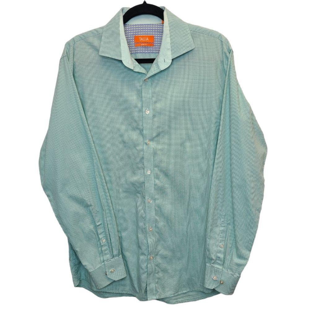 Tallia Mens Slim Fit Green White Cotton Button Up Dress Shirt  16.5 34/35